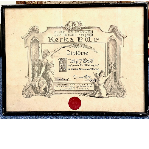 Rare 100 year old hairdressing “Kerka” permanent waving diploma.VIN135E