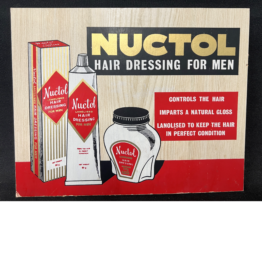 Original vintage Nuctol hair cream barber shop advertising card (Wood effect background) - VIN974X