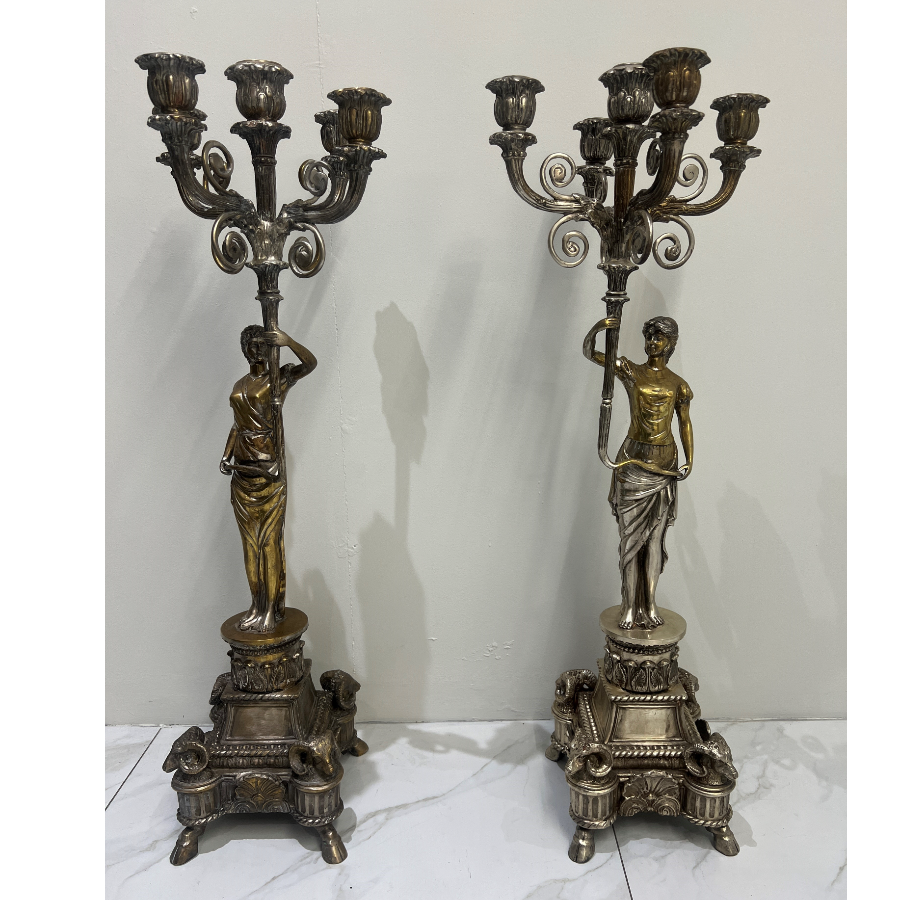 Monumental ﻿Pair at over 3 foot tall of Silver over bronze female 5 arm candelabra - VIN952C
