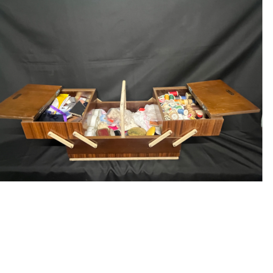Old Mid-century Wooden Sewing Box Complete with Cotton Reels etc (as found) – VIN1003S