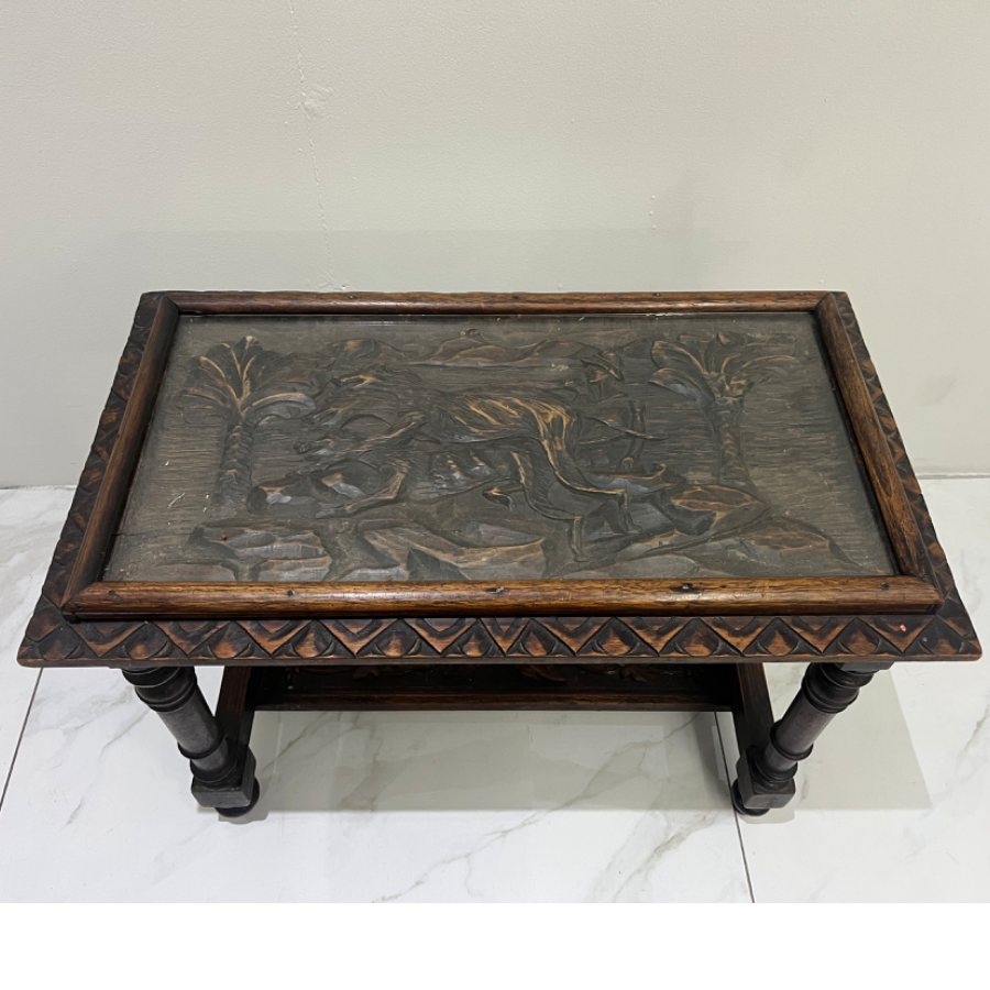 Vintage Hunting Scene Carved Table - VIN1011C