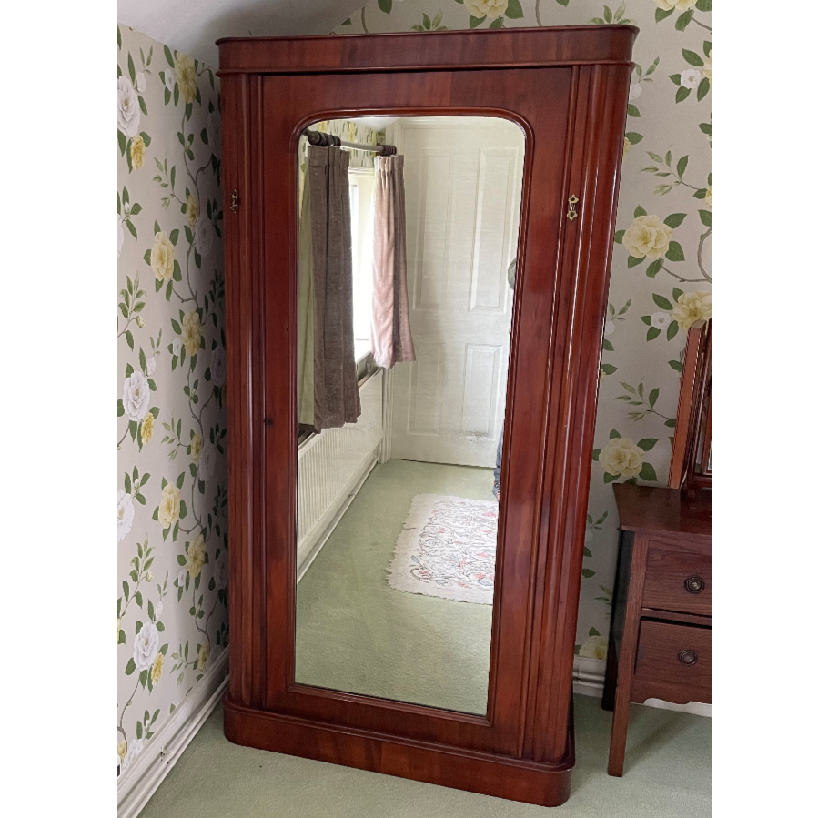 Antique mid 19th century mahogany single mirrored door wardrobe - VIN1009H