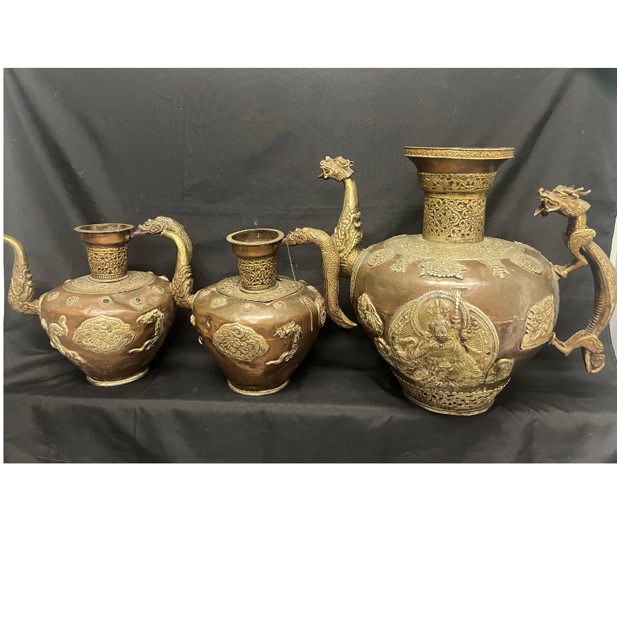 Three Handmade & Embellished Large Copper Dragon Tea Pots - VIN1015Q