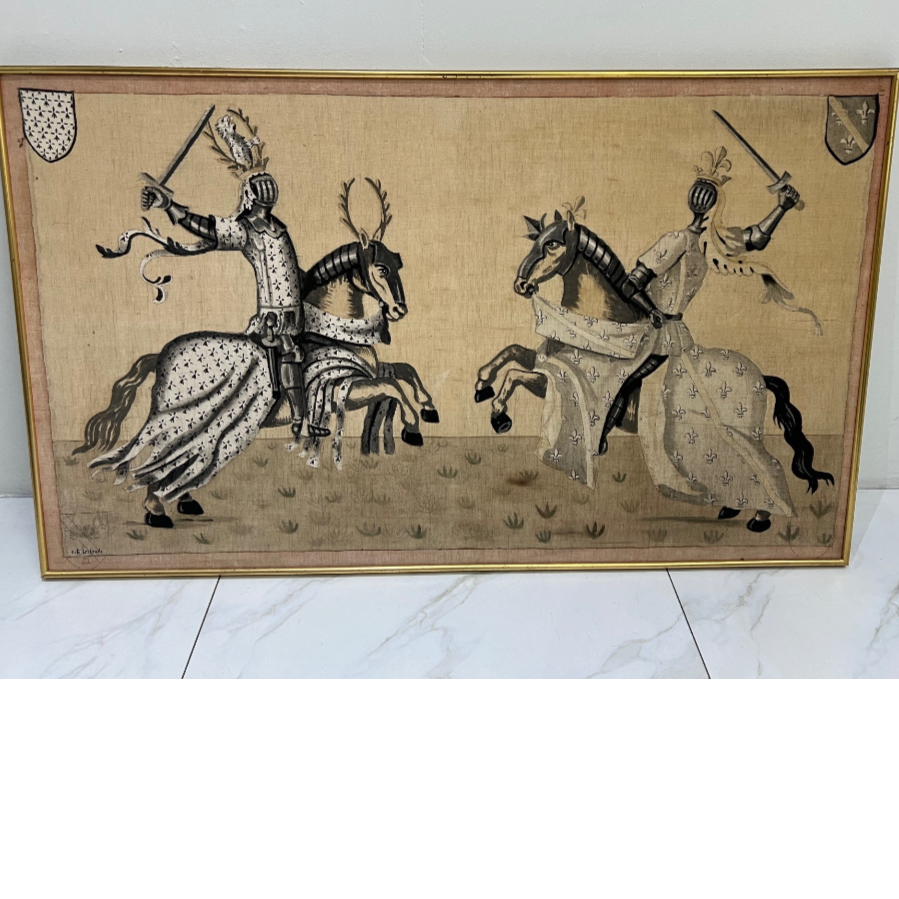 A large old French original painting on fabric of a medieval jousting scene - VIN1044M