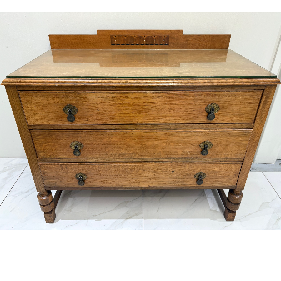Vintage Solid Oak Glass Topped Chest of 3 Drawers - VIN1118Y