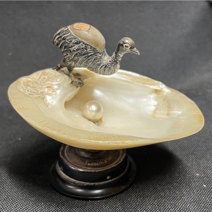 Antique Kiwi Pin Cushion with Pearl in Natural Shell on A Silver & Ebonised Wood Base - VIN1130F