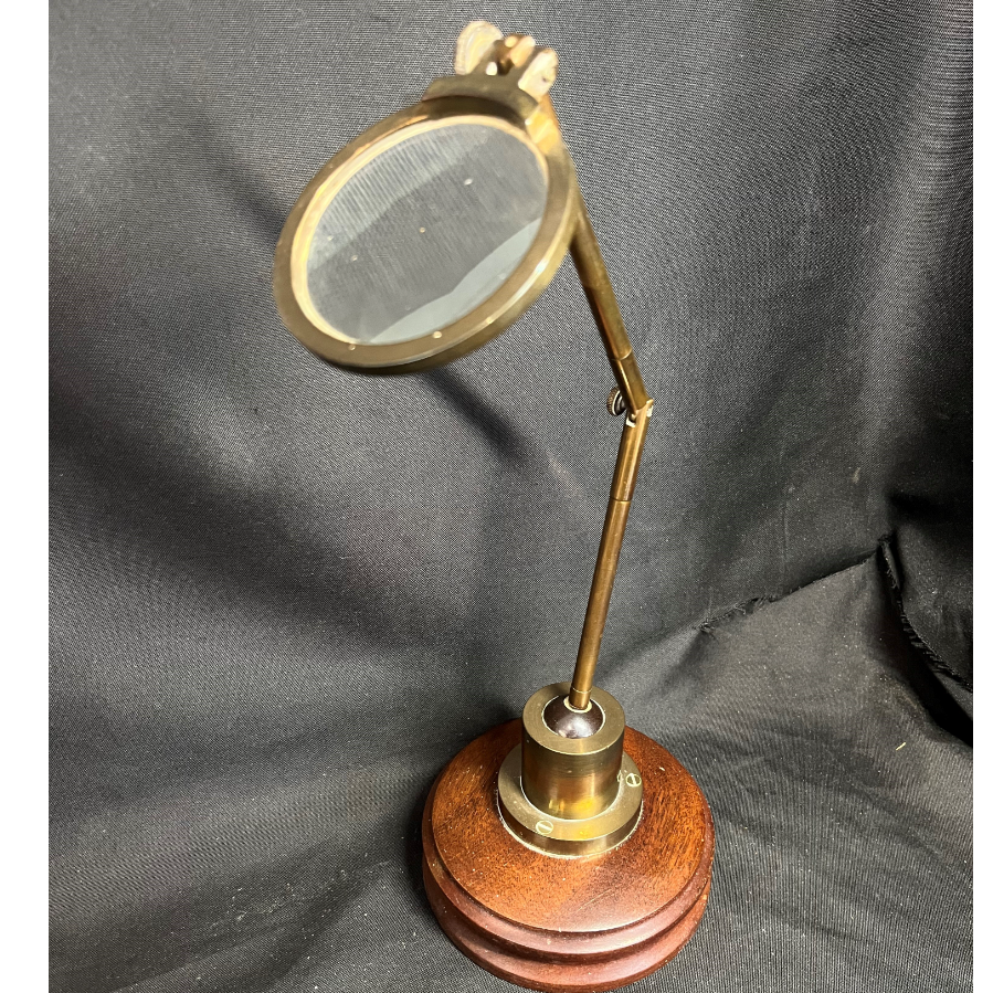 Antique Adjustable Brass Magnifying Glass on Mahogany Stand - VIN1130H