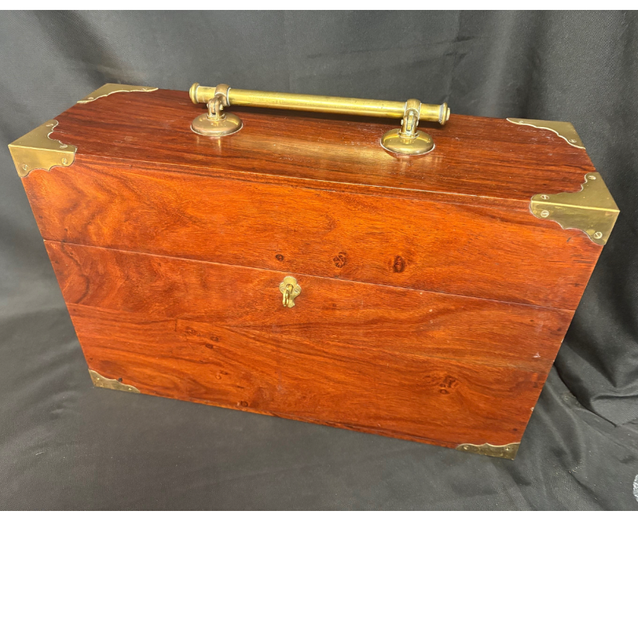 Vintage Brass Bound Four Bottle Decanter Box with Lockable Key - VIN1131E