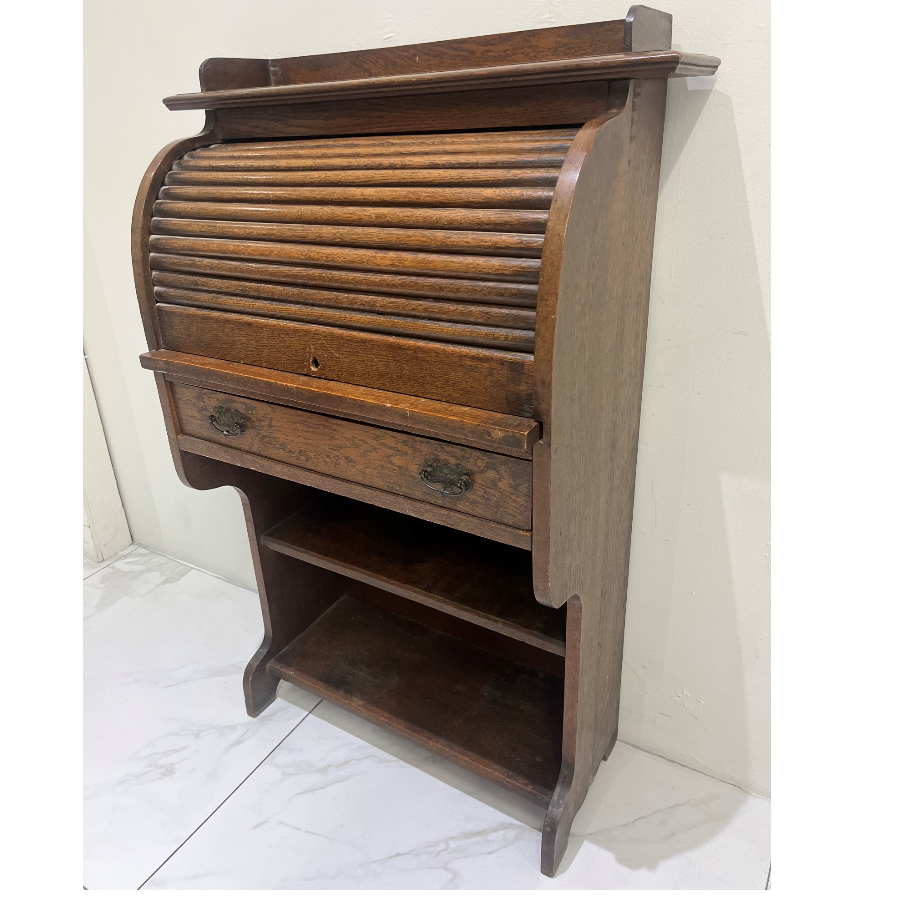 Antique Edwardian English Oak Tambour Roll Top Students Desk Bureau - VIN1136W