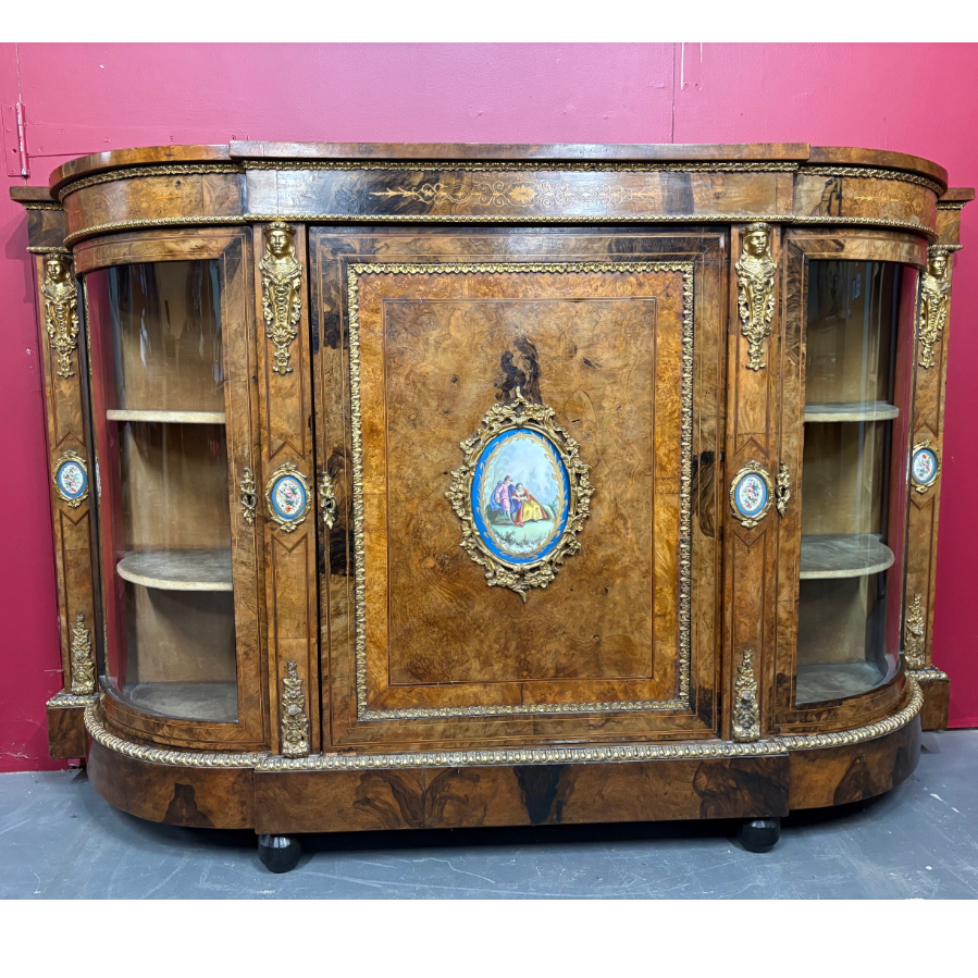 Victorian Burr Walnut Credenza Cabinet with Inlay & Ormolu Mounts - VIN1149Y