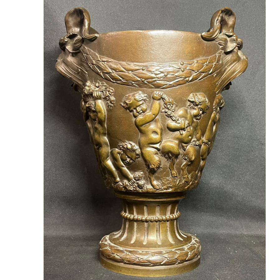 Antique French Bronze Vase Urn with Satyr Head Surrounded By Cherubs - VIN1140G