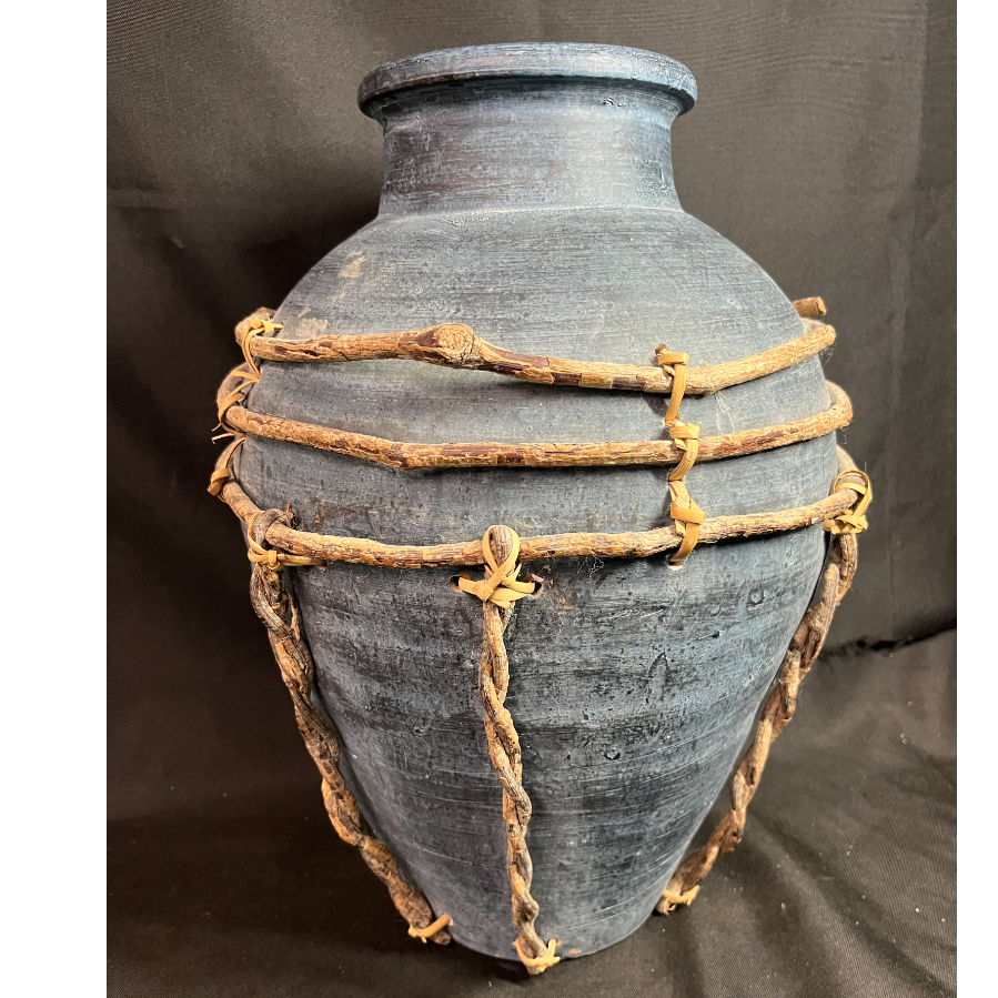 Old Earthenware Jar with Bamboo Wickerwork Integrated in the Vase - VIN1145L