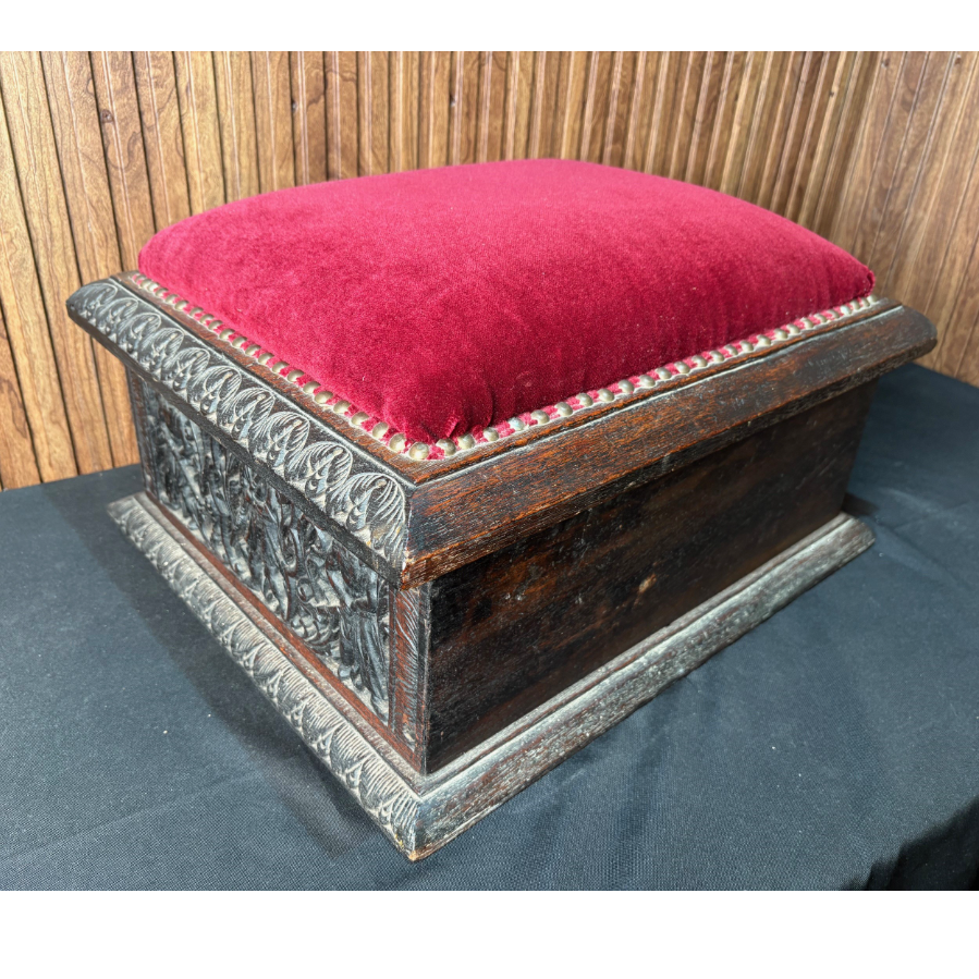 Antique Dark Oak Carved Box/Footstool - VIN1155L