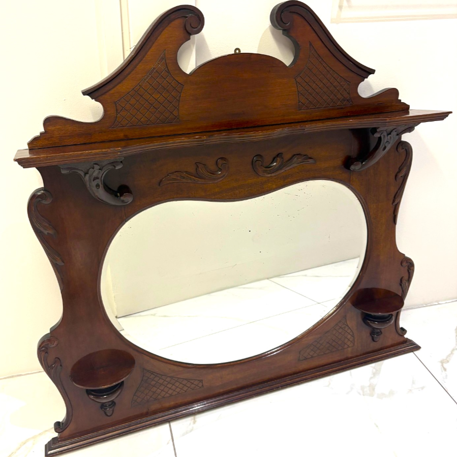 Mahogany Over Mantle Mirror With Shelving and Intricate Detailing