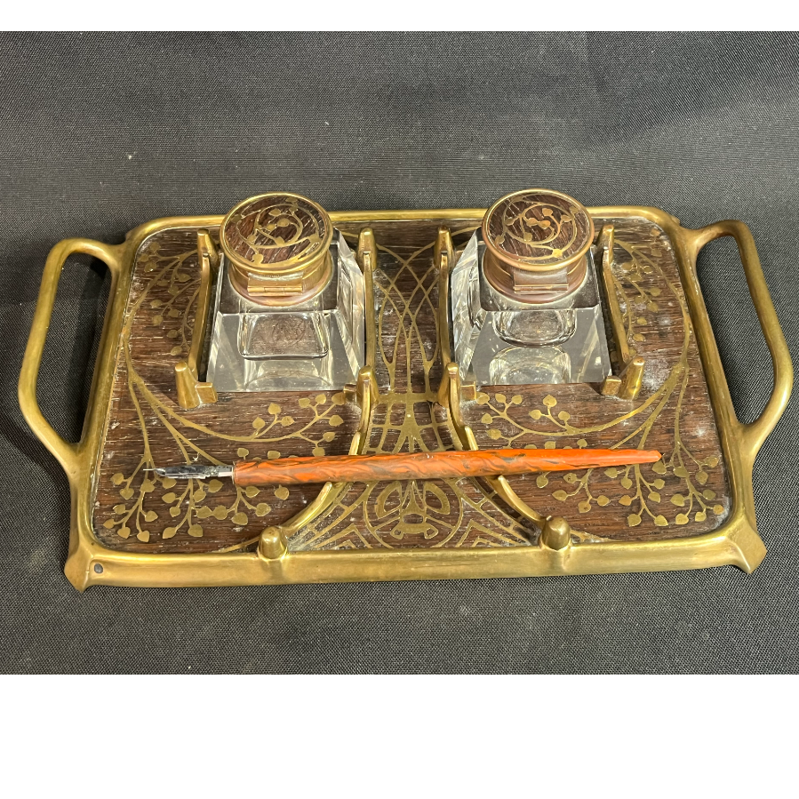 Art Nouveau Rosewood and Brass Inkstand with Twin Handles and 2 Waisted Square Glass Inkwell - VIN1125M