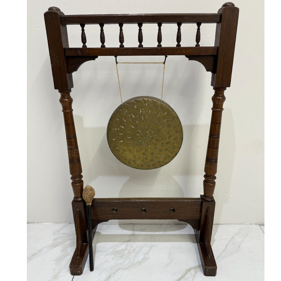 Edwardian Oak Framed Floor Standing Dinner Gong - VIN1157P
