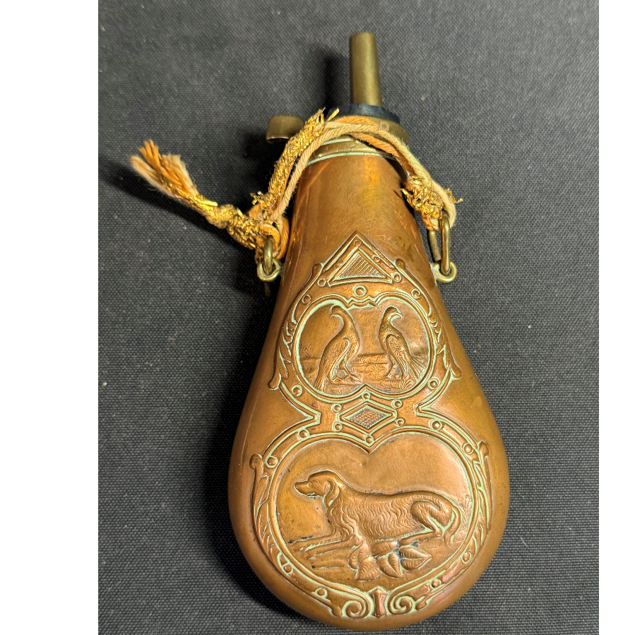 Vintage Gun Powder Flask Copper & Brass with Hunting Scene of Dogs & Birds - VIN1161O