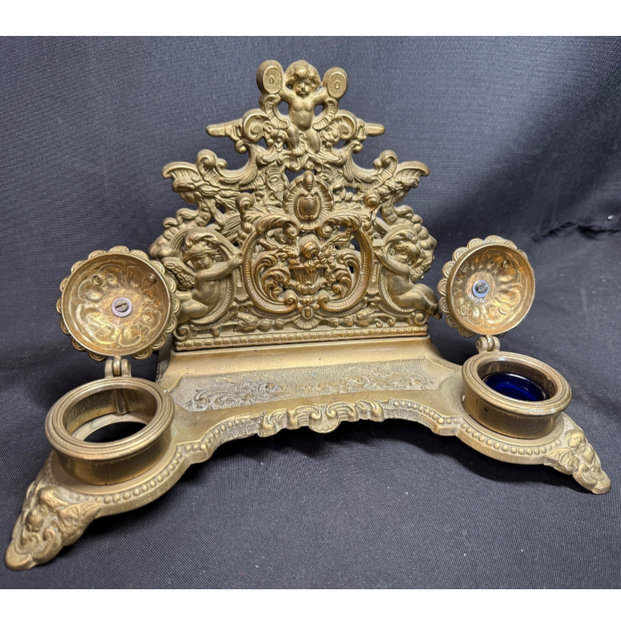 Antique French Brass Cherub Inkwell Letter Stand - VIN1171M