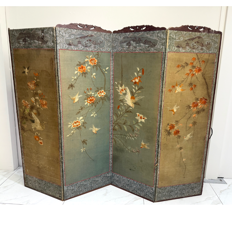 Antique Embroidered 4 Panel Folding Screen - VIN1110