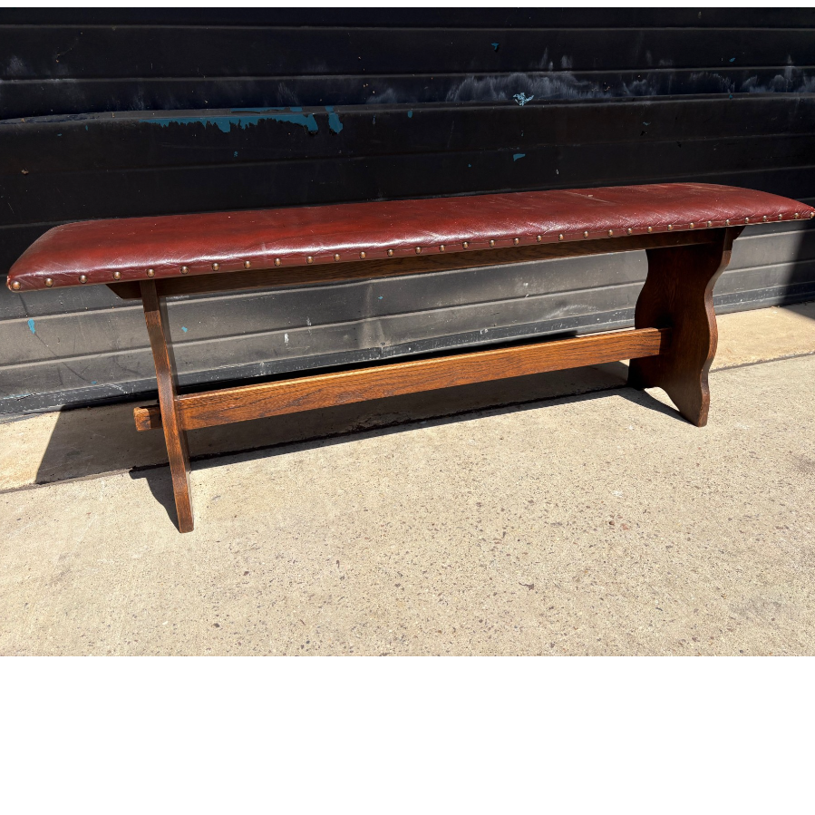 Vintage Leather Top Bench with Brass Stud Detailing - 2 Available - VIN1178L