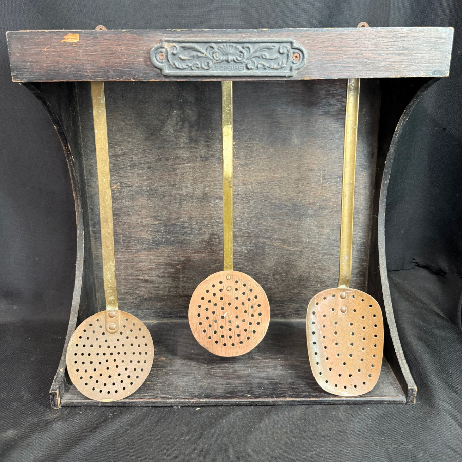 Vintage Le Creuset Copper & Brass Kitchen Utensils on Wooden Wall Rack - VIN622W