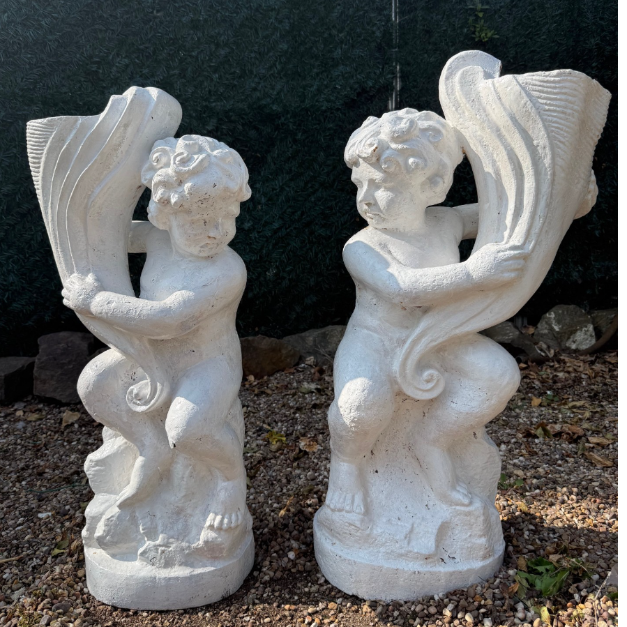 Original Pair of Cast Iron Cherub Planters - VIN514B