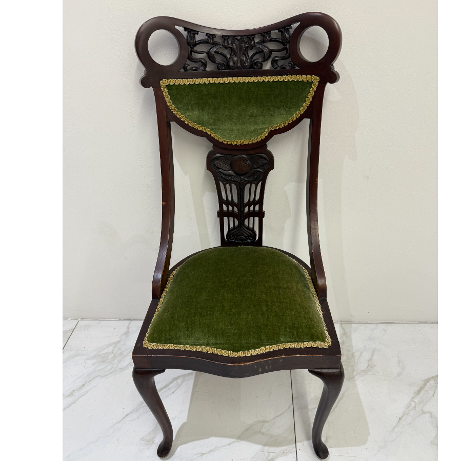Antique Mahogany Dining Chair with Green Velvet Upholstery - VIN1099W