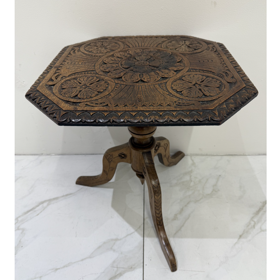 Antique Small Arts & Crafts Octagonal Table with Intricate Carvings - VIN1149S