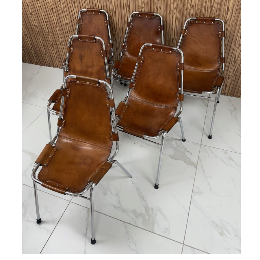 Set of 6 1960s Brown Leather Stackable Charlotte Perriand 'Les Arcs' by Dal Vera - VIN1123L