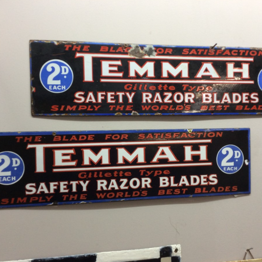 Rare 1920/30's Temmah Razor Blade Enamel Signs