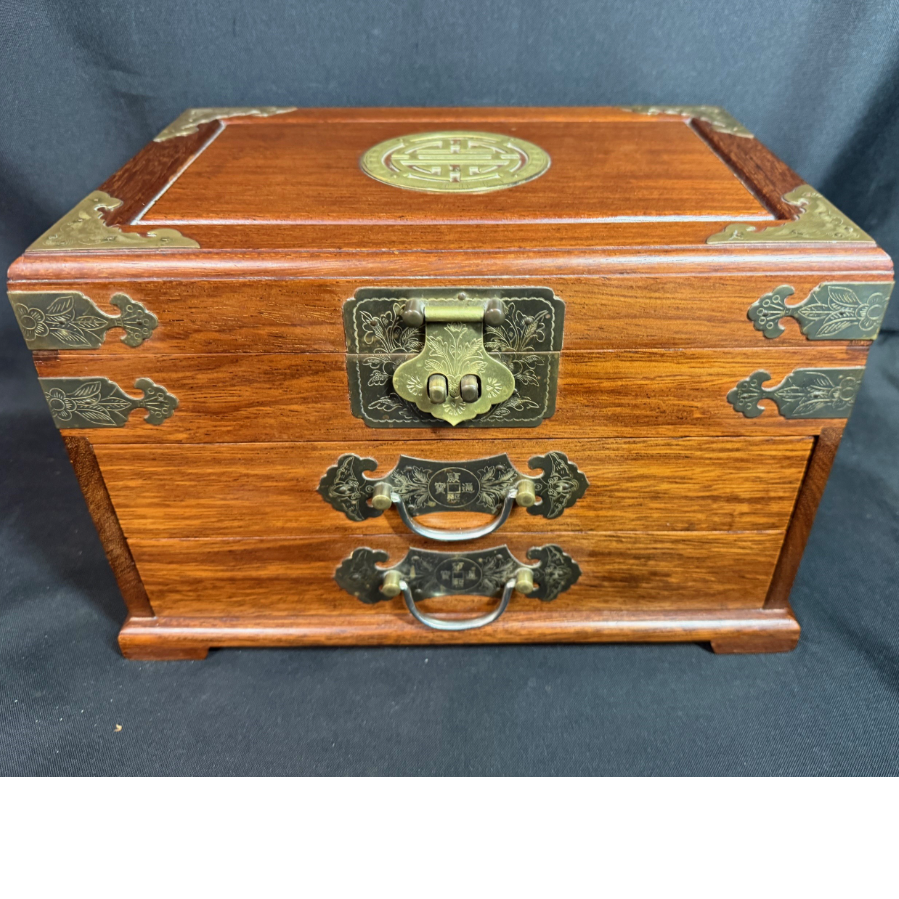 Large Vintage Chinese Rosewood and Brass Jewellery Box With Drawers - VIN1183M