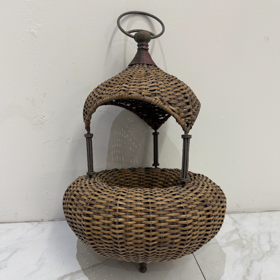 Vintage Woven Rattan Hanging Basket with Metal Accents - VIN1185C
