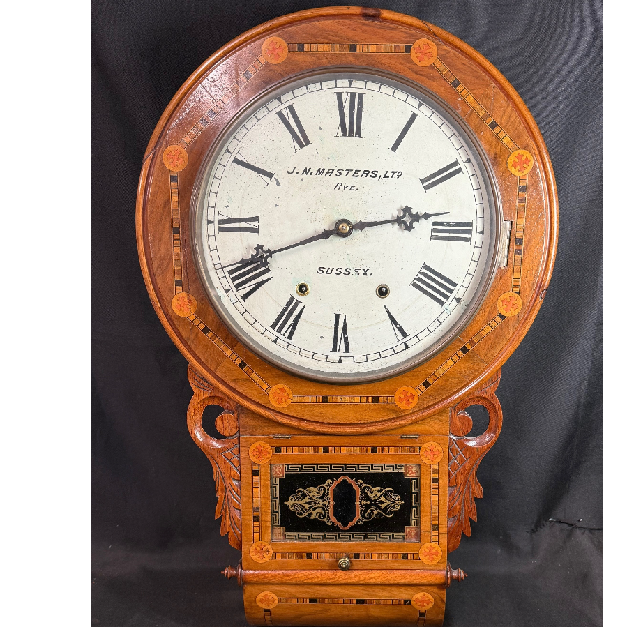 Antique American Style Drop Dial Wall Clock with Detailed Inlaid Marquetry
