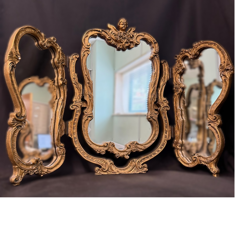 Vintage Ornate Dressing Table Gilt Framed Triptych Mirror - VIN1173D