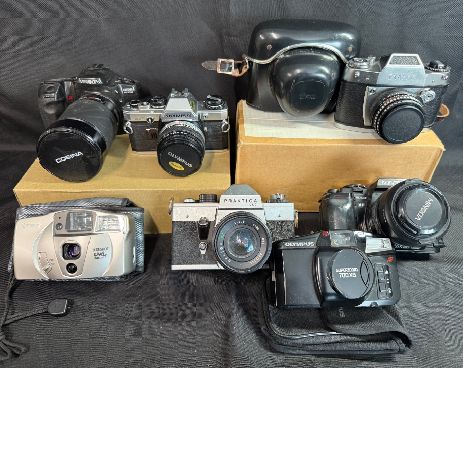 Bundle of 7 Vintage Cameras Including Minolta, Olympus, Canon & Praktica - VIN1176P/O