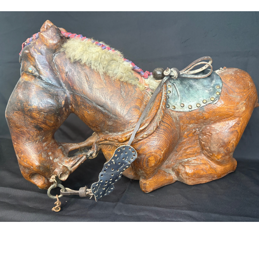 Unique & Unusual Vintage Large Hand Carved Wooden Horse Statue With Leather Detailing - VIN1188M