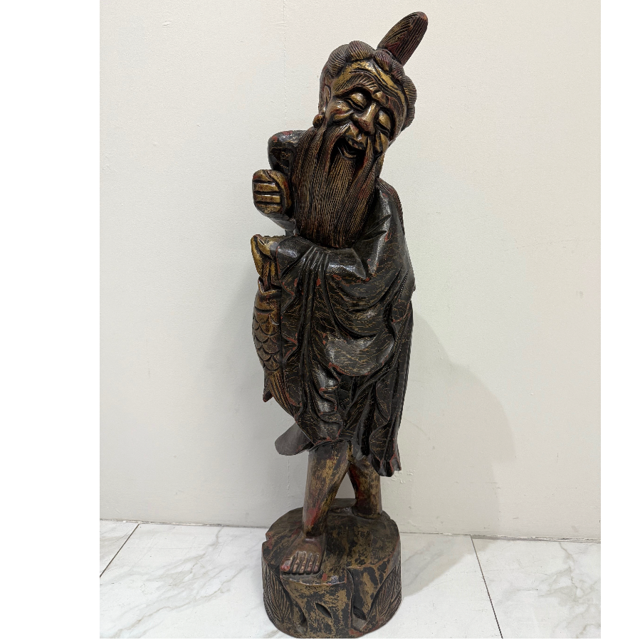 Antique Chinese Carved Wise Fisherman Statue - VIN1194J