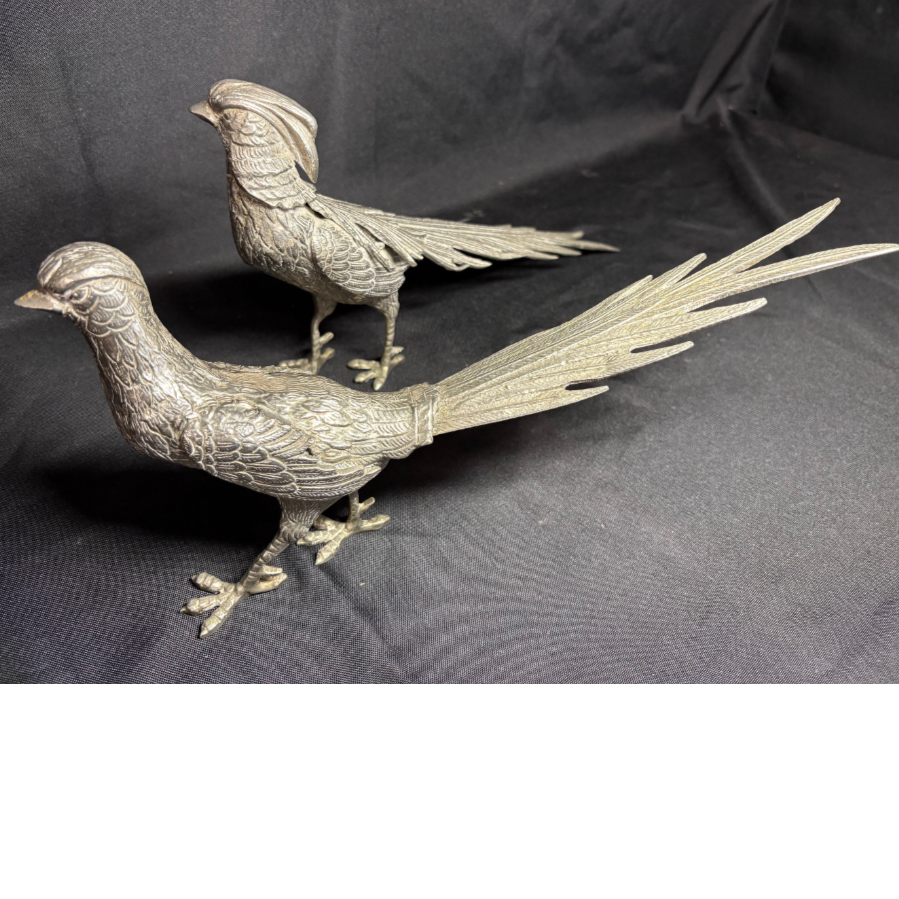 Vintage French Pair of Silvered Metal Pheasants - VIN1202D