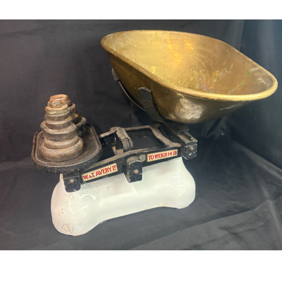 Antique W&T Avery Balance Scale with Brass Pan and Cast Iron Weights - VIN1119R