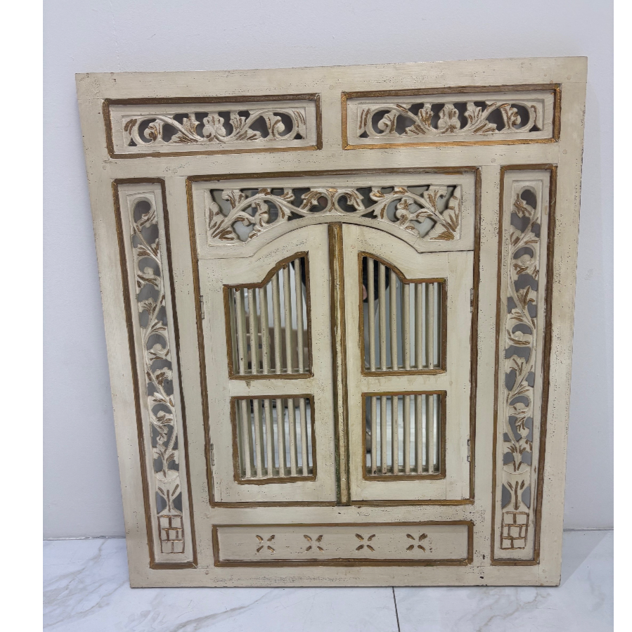 Teak Wood Shutter Mirror in a Distressed White Finish - VIN1216D Teak Wood Shutter Mirror in a Distressed White Finish - VIN1216D