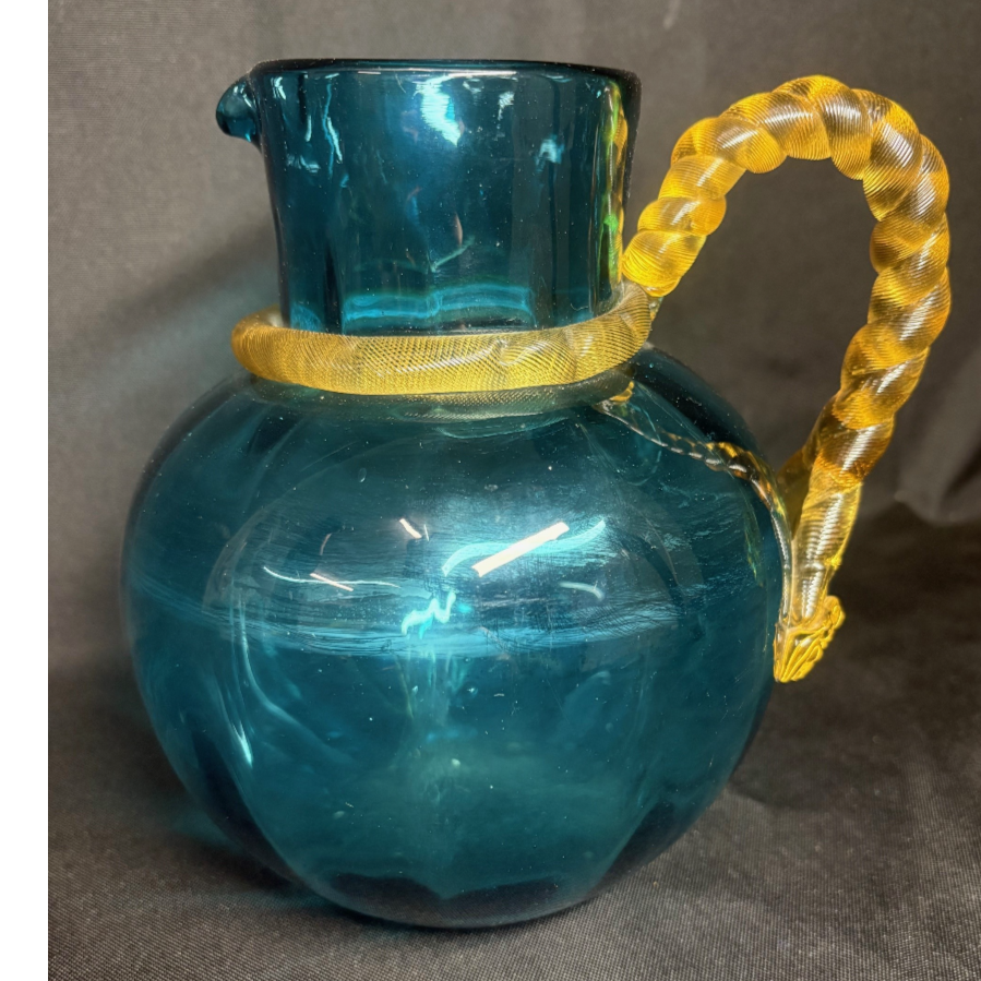 An exquisite antique turquoise blue pitcher jug with twisted amber yellow handle that continues around the neck - VIN1219A