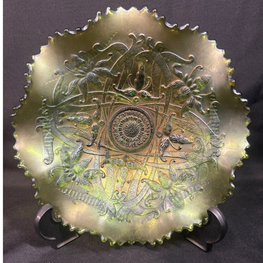 Northwood Wishbone Green Carnival Glass Bowl - VIN1210H Northwood Wishbone Green Carnival Glass Bowl - VIN1210H