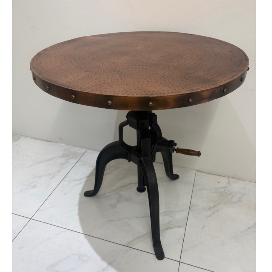 Industrial Crank Hammered Copper Top Table With Black Iron Base - VIN1216W Industrial Crank Hammered Copper Top Table With Black Iron Base - VIN1216W