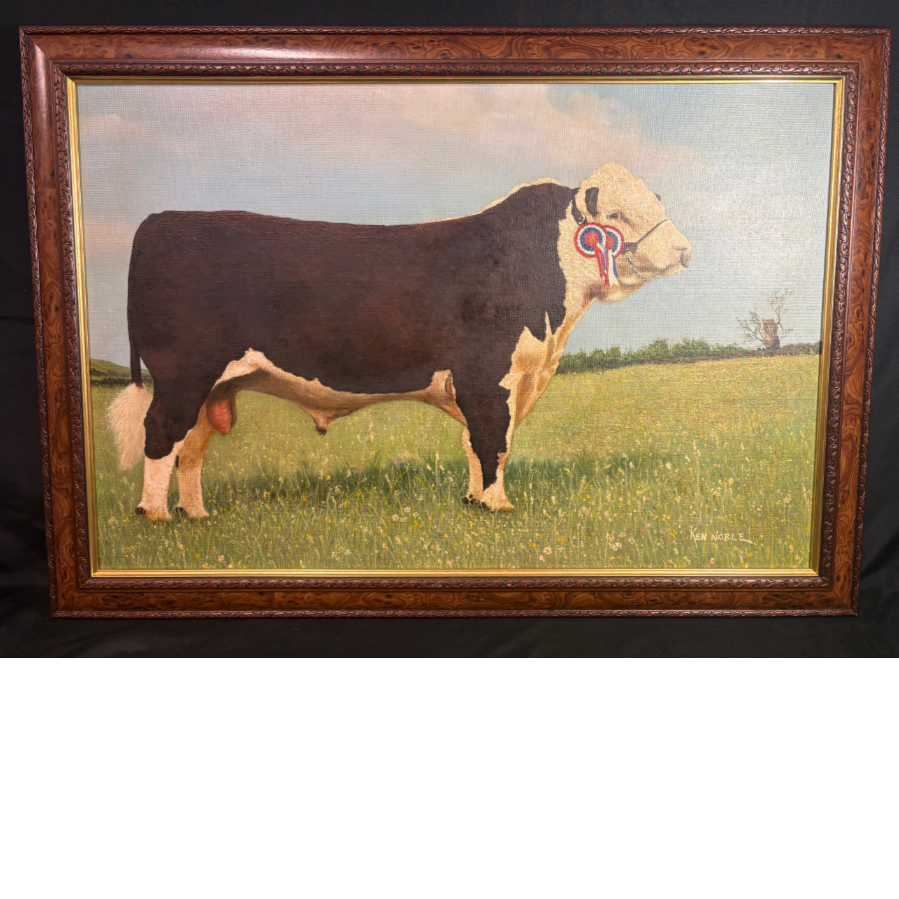 Large Framed Painting Of a Hereford Prize Winning Bull In A Meadow Of Flowers - VIN1218Z Large Framed Painting Of a Hereford Prize Winning Bull In A Meadow Of Flowers - VIN1218Z