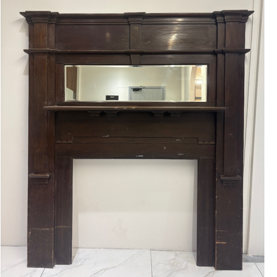 An original very large and impressive antique fire surround with integrated bevel edged mirror with shelf - VIN1209T