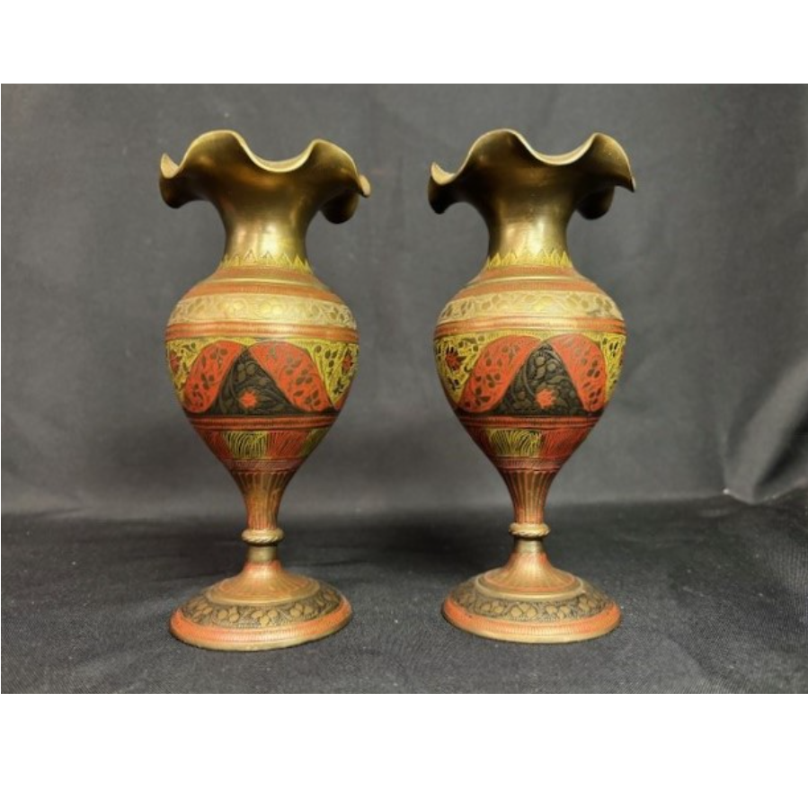 Vintage Etched Brass Vases - VIN1217T - SET OF 2 Vintage Etched Brass Vases - VIN1217T - SET OF 2