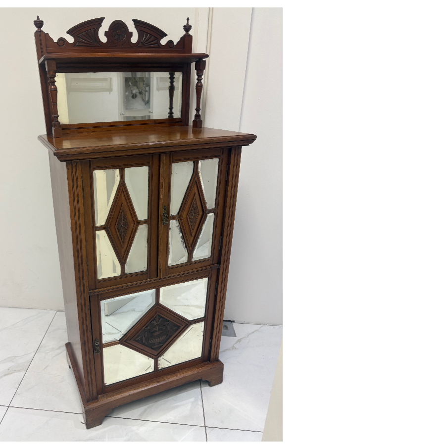 Antique Walnut Music Cabinet With Mirrored Back - VIN1224F Antique Walnut Music Cabinet With Mirrored Back - VIN1224F