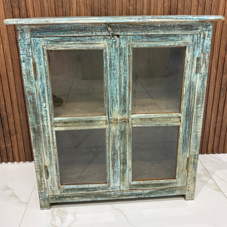 Vintage Rustic Distressed Teal Glazed Display Cabinet - VIN1227K