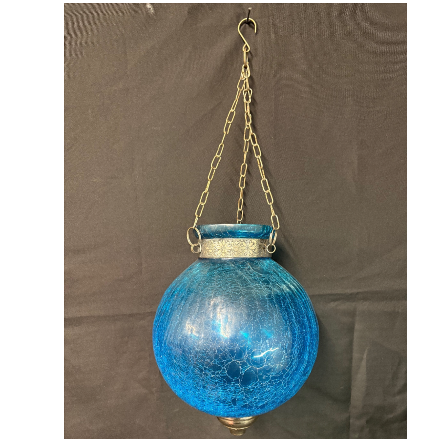 Large blue crackle glass hanging globe with metalwork and hanging chain - VIN1222F