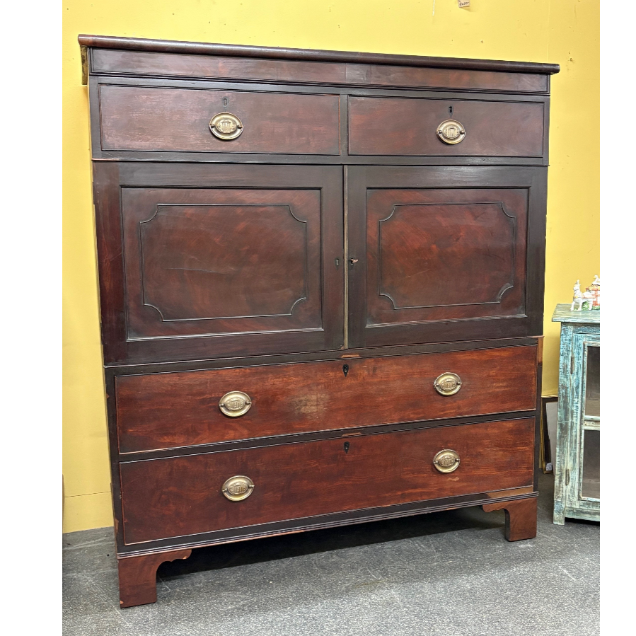 Antique English Flame Mahogany George III Rare Linen Press/Drawers - VIN1233O